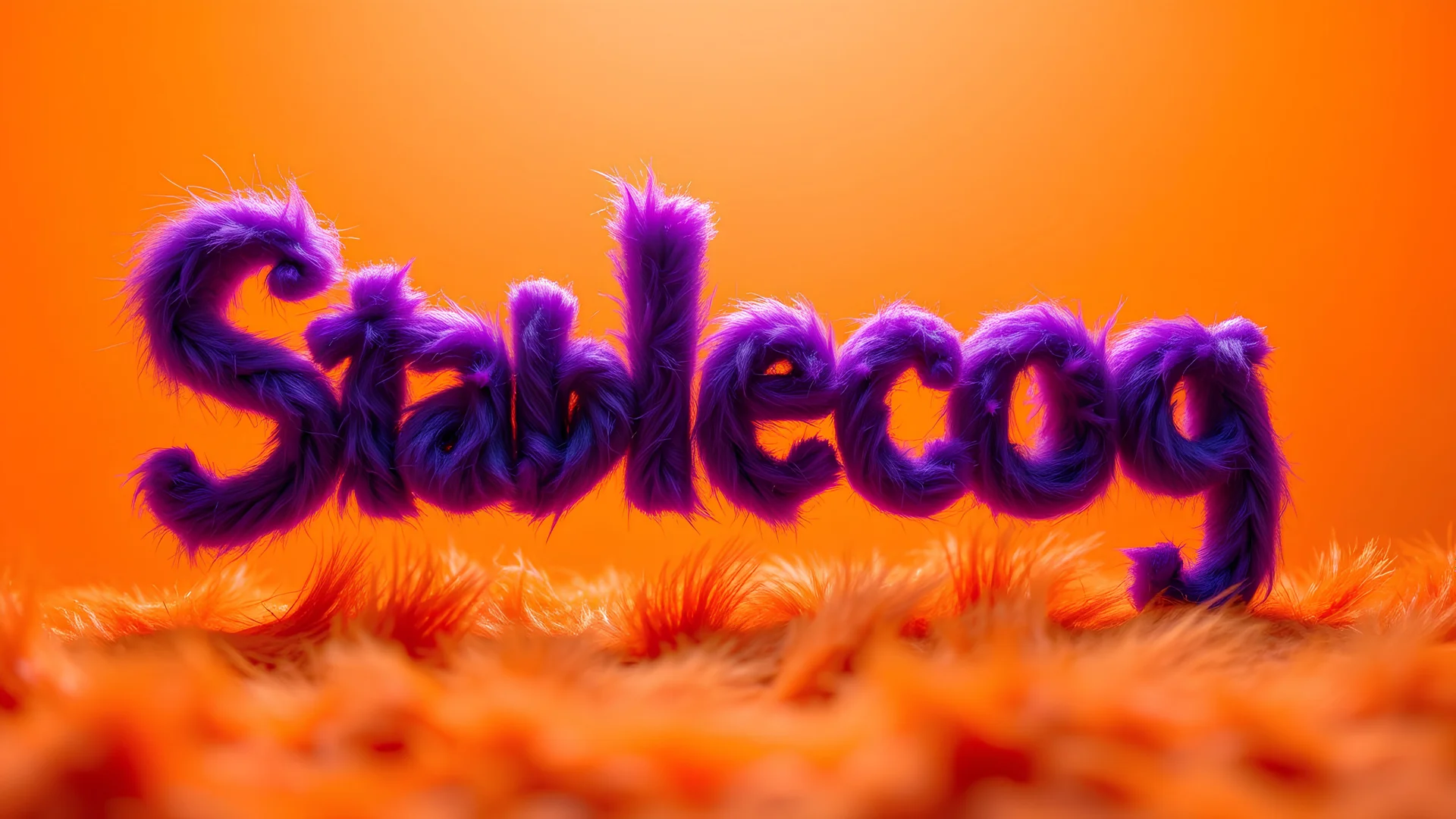 the text "Stablecog" made out of purple fur, orange furs in the background, orange background, cinematitc lighting