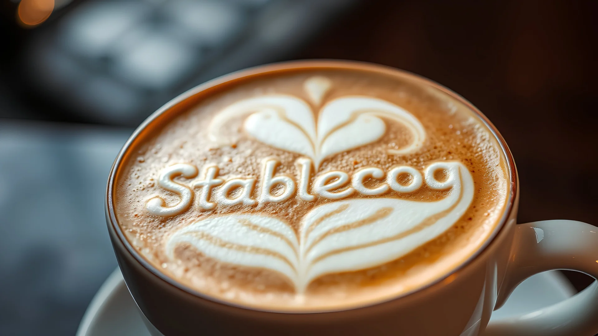 Latte art in a rich, creamy coffee, with "Stablecog" beautifully inscribed in intricate white foam. The scene is cinematic, featuring soft, dramatic lighting that highlights the texture of the foam and the depth of the coffee's color, with subtle bokeh in the background to enhance the luxurious atmosphere.