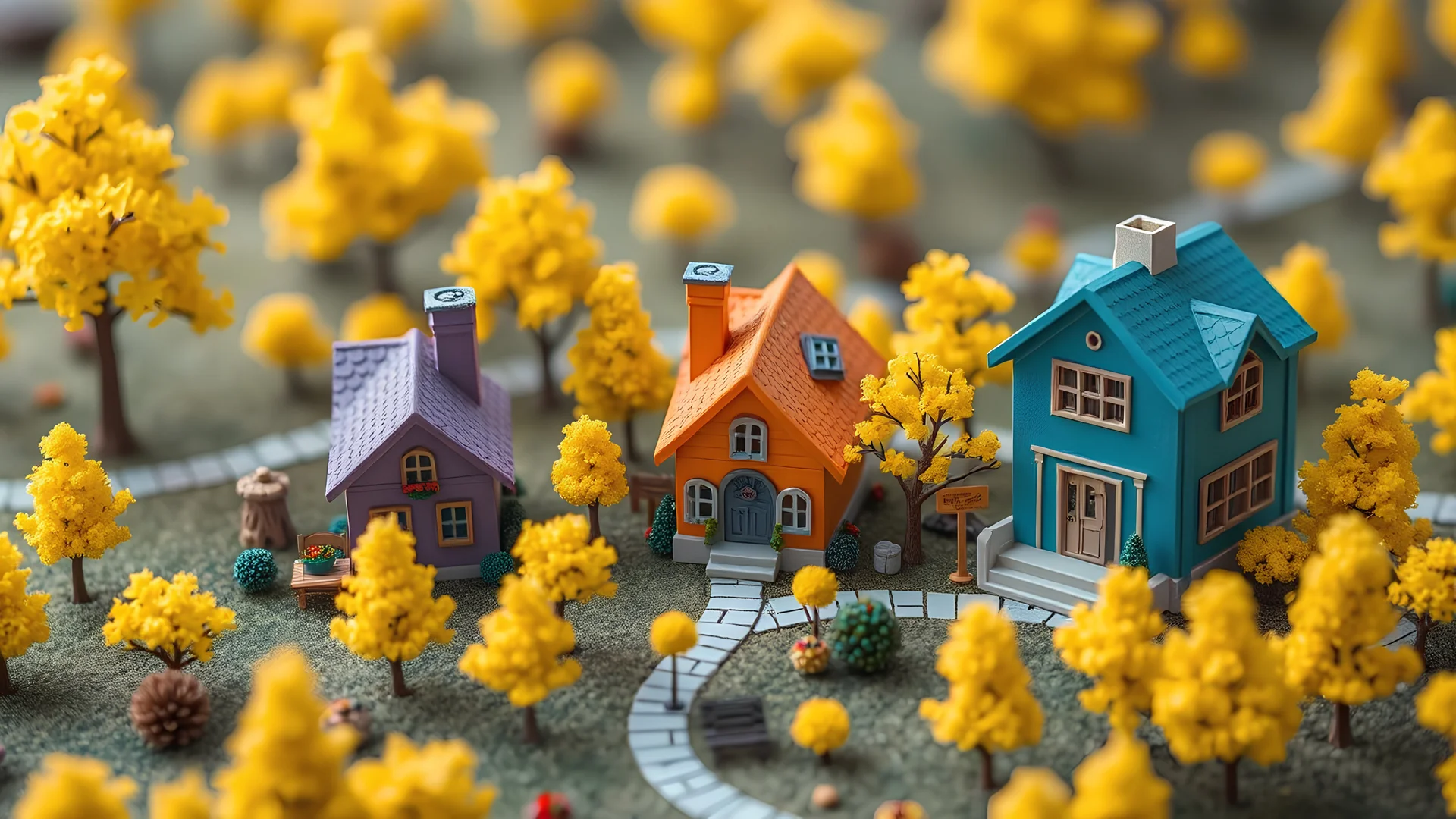 A magical miniature town with only 3 houses and lots of yellow trees. One house is purple, one house is orange and one house is teal