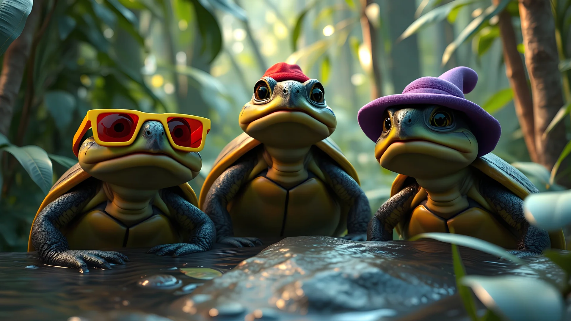 Three turtle friends hanging out in a jungle. The left one wears eye glasses with a yellow frame and red glass, middle one wears a red hat and the right one wears a purple hat. Cinematic scene, beautiful lighting, 3D high quality render