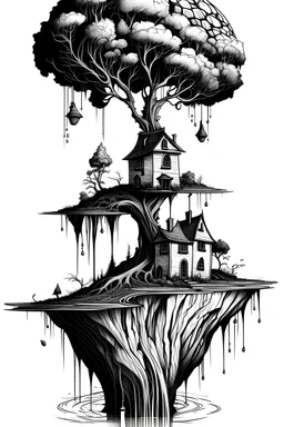 Ink drawing of surreal world, tall crooked house on a thin, tall cliff with roots in the water, fantasy, black and white, negative space, white background