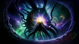 photorealistic Lovecraft Shub-Niggurath opalescent space gigantic monster, interstellar galactic particles stream event horizon, entering a quantum wormhole with great exoplanet crashing, blackhole