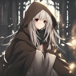 anime, 1 girl, brown cloak, black hair, hooded, black eyes, dark