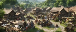 a pro-quality photo of a busy outdoor village market, with a beautiful outdoor countryside summer scene with hills & fields, intricate dwellings, many pathways, streams, waterfalls, waterwheel : very high detail, photorealistic, epic cinematic, 8K, Large depth of field