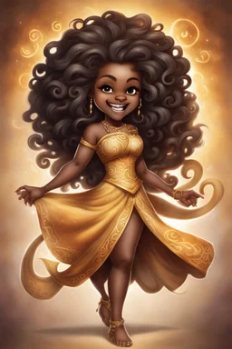 A fearless curvy dark-skinned airbrushed chibi swishes her lion tail excitedly, wearing a dress decorated with the Leo astrology symbol. With mane-like hair wild with curls, she smiles wide, showing off fangs. She stands arms and legs spread, steadfast as a lioness, demonstrating Leo courage and leadership. Background of a Leo zodiac symbol