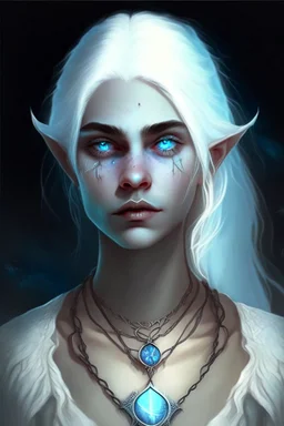 hauntingly beautiful character for dnd, young woman with white hair and blue eyes, angel, with moon necklace, fangs visible