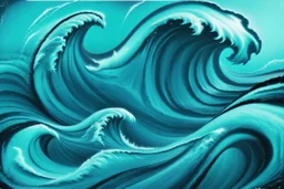 a background of a fun stylized waves with smooth black linework, blue teal tones, surf culture, kawaii cute