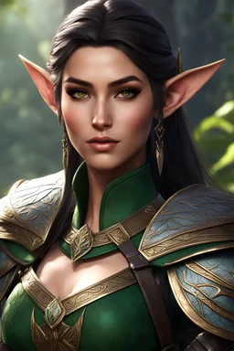dnd character art of elf ranger, female with delicate features, high resolution cgi, 4k, unreal engine 6, high detail, cinematic, concept art, thematic background, well framed