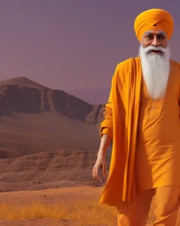 guru nanak dev ji wearing saffron clothes walking in the dessert towards Mecca