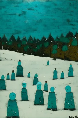A dark teal snowfields with snowmen painted by Paul Klee