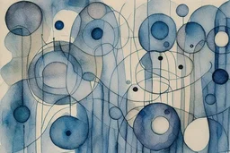 abstract watercolour , ink transfer lines, bifurcated circles, Paul Klee ,grey and blues