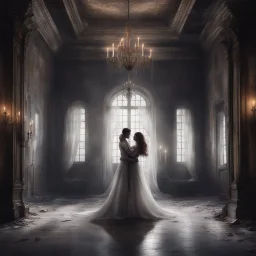 Hyper Realistic Ghost Couple Dancing inside a beautiful but dark-abandoned hall of an abandoned castle with creepy staircase, fancy-frames, candles, & torn-white-curtains behind showing dramatic & cinematic ambiance