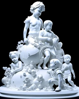 Escultura de niños muertos por una bomba , en marmol blanco calidad ultra, hiperdetallado, obra de arte, 8k 3D