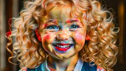 A cute little girl, curly blonde hair, the look on her smiling face.