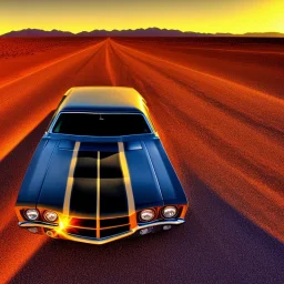 muscle car, desert road, sunset, full colour,