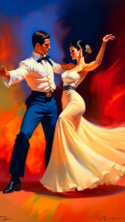 The flamenco dancer in white dress dancing with a man wearing black , oil painting with hard brush colors on the canvas