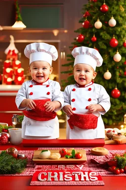 Hyperrealistic 3D images of beautiful 18-month-old babies dressed as chefs in a kitchen with a Christmas atmosphere, dancing and wishing a Merry Christmas.