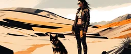 a grumpy cyberpunk girl standing in overdrive in the Mojave desert, side view, impasto, minimal, splash art, wide angle, centered, distant horizon, spacious scene, harsh contrasts, scattered tint leaks, sparse thick brushstrokes, glitch noise zigzag destroy, warm colors of sand yellow, beige, orange and black
