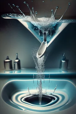 in focus, a jet of water flows into a spoon and splashes everywhere in a sink tray