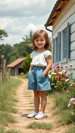 cartonish child lady in pretty top and short tight and nice shoes,standing in country side next to country house with flowers,trees.