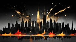 minimalism New York city 3D skyline, deep rich black and dark colors with a little gold and lava, magic lighting, fantasy abstract fashion beautiful, Surreal Enigma, creative, surrealism,imaginative,paint splatter, ripped canvas,dreaming mind, inspiration motivation, bauhaus minimalism