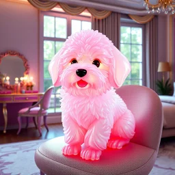 Generate image: A macro 3D render of a cute, lovely wooly dog,made of Translucent glossy jelly material, soft gelatinous appearance, smooth rounded surface, realistic subsurface scattering, internal light diffusion, subtle volumetric translucency, wet polished highlights, slightly reflective surface, soft rubbery-plastic texture, vibrant neon color, physically based shader, studio lighting, high-end CGI render.on a chair in a luxury bedroom next to makeup desk next to a open window to garden.