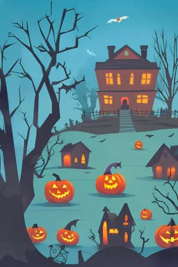 kids illustration,spooky Halloween scene with ghosts pumpkins bats and old house in the background cartoon style,thick lines,low detail,vivid color