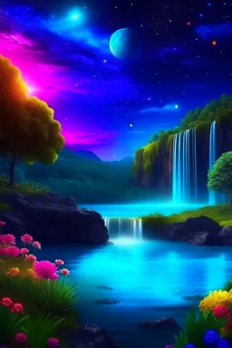 beautiful land in space,night lights,flowers,river,waterfall,trees