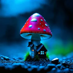 "Close up of a wonderful tiny Mushroom Tower home. Red and bluewith bright white, deep black and contrasting tones of gray magenta and violet colors. Illuminated bioluminescent forest. Professional painter, master at composition. small but detailed. broken, blurred background, voluminous lighting"