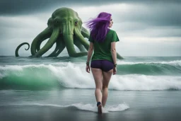 she walks with Cthulhu, she stands in the ocean, wears only a green t-shirt, showing her alluring hips. Her violet hair framing her Scandinavian charm.