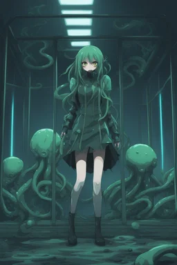 moody anime girl in a futuristic suit, Slime, mud, mucus, sludge, woman with tentacles, scared face trapped in a cage, feet point view,