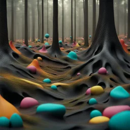 Irregular black spots, 8k, 3d render, Zdenek Burian, melting horror, tridimensional figures, intricate patterns, forest, sinister scribbles, colors, shot on Hasselblad, Yves Tanguy, tragicomic