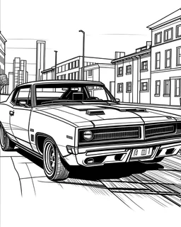 coloring page, car Dodge Charger (1969) alternative parked on the asphalt street, cartoon style, thick lines, few details, no shadows, no colors