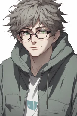 Anime man with glasses, messy hair, wearing a hooded sweatshirt, slight smile, realistic