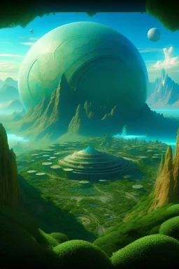 A beautiful landscape of an earth-like planet, abstract, sci-fi, hyper-realistic, super detailed, 8k, futuristic, marble, kaleidoscope using only shades and hues of green and azure, james webb telescope inspired, floral lush biome. highly technological society, inspired by egypt and babylon, pyramids in the distance, cityscape, perfect circles