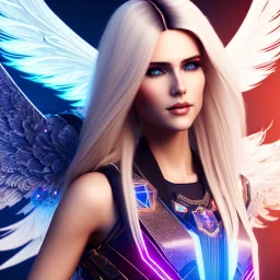 A beautiful portrait of a cute smiling cyberpunk woman with wings, long blond haire, high key lighting, volumetric light high details with white stripes and feathers and blue celtic paterns and luminous glasses in a starry background