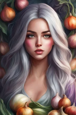 Gorgeous digital painting of a girl fully clothed full of onions, front view, pretty face, beautiful eyes, long gray hair, adorable digital painting, beautiful artwork, beautiful painting, in stunning digital paint, colorfull digital fantasy art, digital art, high quality, 4k