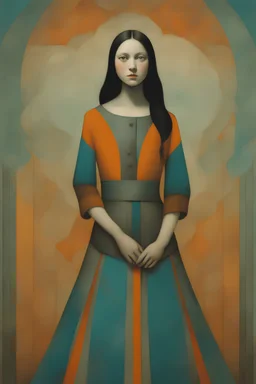 A highly detailed painting by Catrin Welz Stein of a woman standing in front of a wall, teal orange color palette, style of james jean, 2010s, large patterns, young sensual woman, a portrait of a blue eye girl, kenny mcbride, pale gray skin, ben maier and sakimichan, grungy woman, bitter, seducing expression, pale sober colors 9 0 %