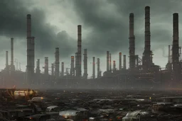 a sprawling industrial landscape with towering smokestacks, billowing dark clouds, and a polluted river. Machinery and discarded waste dominate the foreground, emphasizing the disregard for environmental sustainability. The atmosphere feels grim and desolate, evoking a sense of unease and concern.