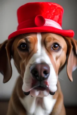 dog with red hat in mouth