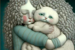 a cute foam girl hugging a foam ragdoll-cat , fine detailed, face drawing, dim background sharp focus elegant fantasy intricate very attractive beautiful ultra detailed colourful anatomically correct (A} Hieronymus Bosch, Henri Rousseau, Nicoletta Ceccoli, (A1) Anna Dittman, Remedios Varo, Sherry Akrami (A2) Serge Marshennikov, Zdzislav Beksinski