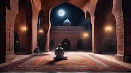 Hyper Realistic Photographic-View of a Man Worshiping-Namaz inside a prehistoric-brick-walled-mosque with pre-historic-carpets & Lalten on walls with moon-light-rays coming from outside Fancy-Mosque-Window at dark-night showing dramatic & cinematic ambiance.