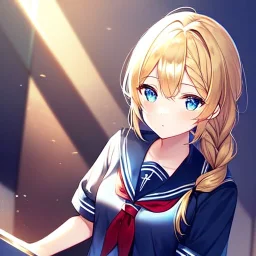 girl, masterpiece, best quality, volumetric lighting, detailed outfit, perfect eyes, long hair, golden hair, blue eyes, black stockings, school outfit, braided ponytail,