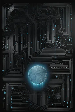 drawing art from pale blue fingerprint made of circuits, metal lines and numerical numbers . in background the black walls with abstract and geometric shapes symbols, circle, square , a unique dark fantasy style. The atmosphere surrealism and minimalism. splash art, The black drawing artwork with ink