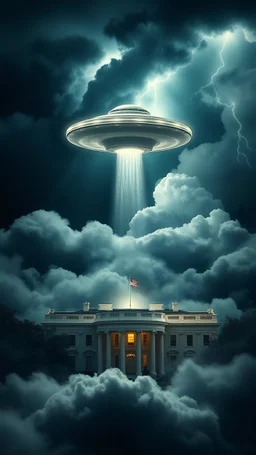 A ufo hovering above the White house hovering above swirling clouds, emerges from the heart of a raging storm. Turbulent winds of steam swirl around the iconic structure, lit by shafts of sunlight that cast dramatic shadows on the A large UFO spacecraft hovering over the White House surrounding clouds. A storm rages and thunder lights up the dark sky,