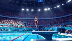 Create a detailed scene depicting a contemporary Olympic diving venue. The setting should include an audience of spectators watching the event, with a focus on a woman poised on the diving board, preparing to dive. Please include elements such as the design of the diving platform, the atmosphere of the crowd, and the overall ambiance of the venue. The output should be structured as a vivid description, capturing the energy and excitement of the moment.