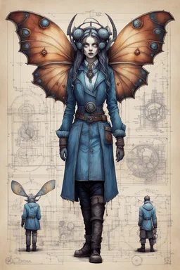 Jean-Baptiste Monge style hand drawn technical,full body portrait illustration , with detailed blueprints and engineering schematics of a walking hybrid Atlas moth insect goth girl, with highly detailed facial features with multi cellular eyes, drawings, and technical notation, 8k, vibrant natural colors