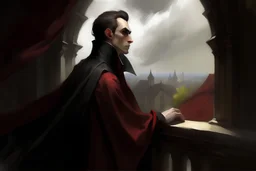 painting of a handsome victorian vampire looking out on a terrace, side view, cloak billowing in the wind