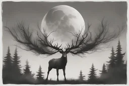 A realistic tattoo of a strong, noble Stagg running in a bleak forest with a blood moon overhead. Make it very abstract.