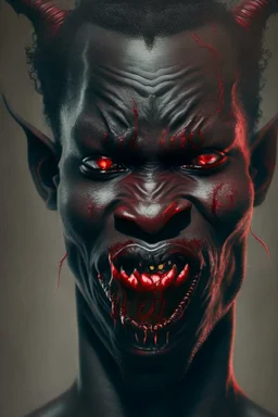 Portrait of a demon with black skin, no eyes, a long red tongue